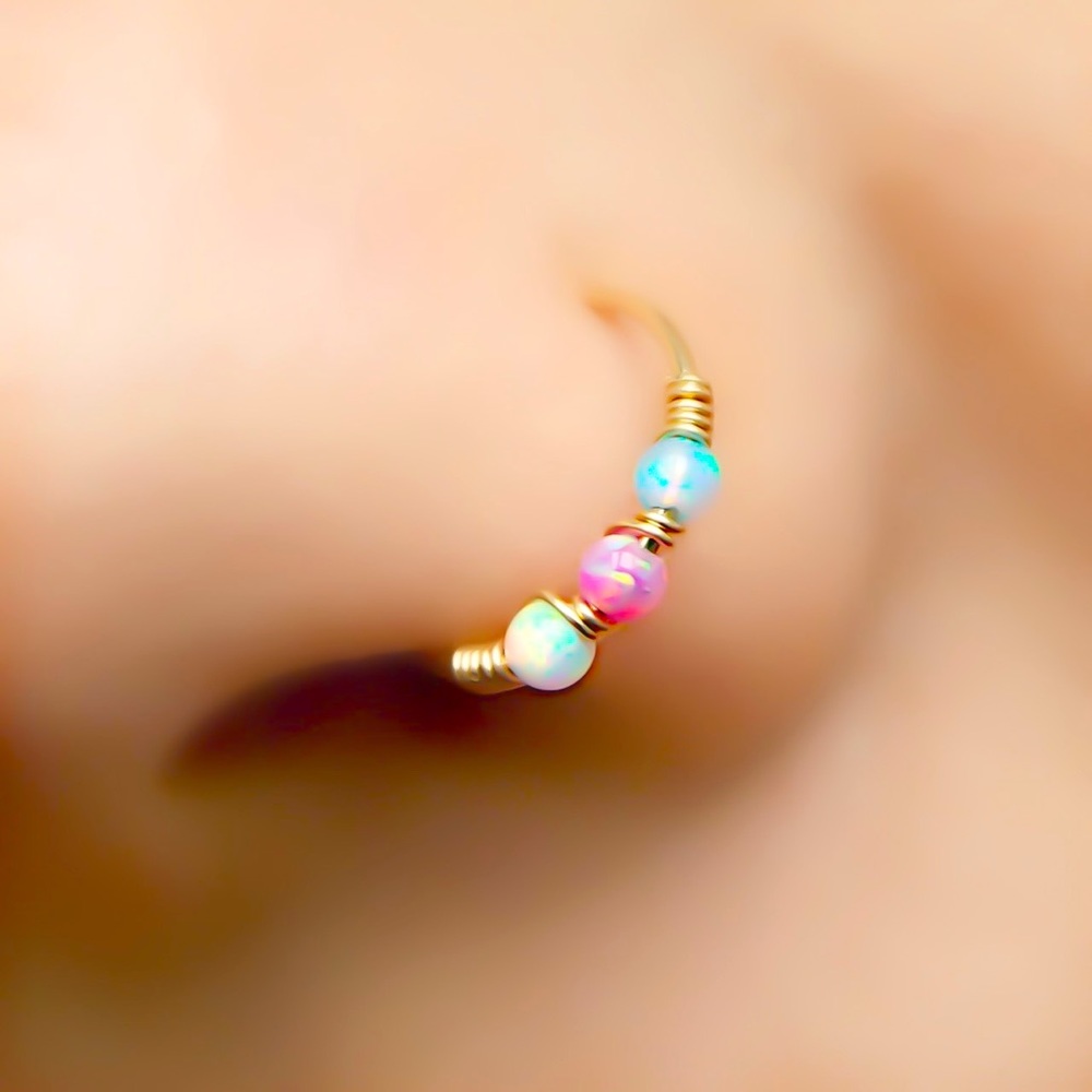 3 x rainbow fire opal nose ring gemstone hoops